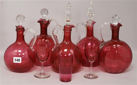 Five cranberry glass decanter and three glasses